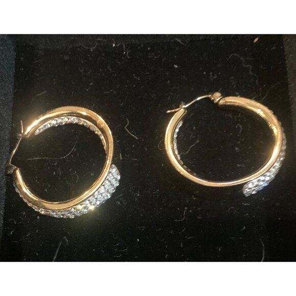 Gold-Tone Hoop Earrings With Clear Rhinestones & Clip Closure - Picture 4 of 4